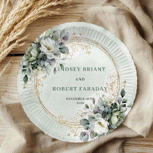 Green White Botanical Watercolor Wedding Paper Plate