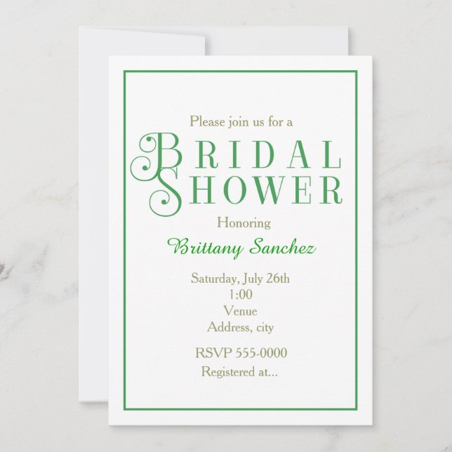 Green & White Bridal Shower Classy Chic Invitation (Front)