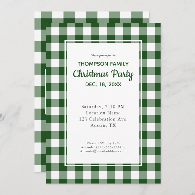 Green White Buffalo Check Christmas Party Invitation (Front/Back)