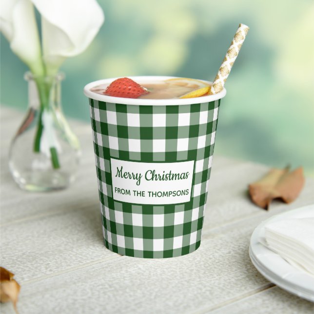 Green White Buffalo Check Name Christmas Party Paper Cups (Insitu)