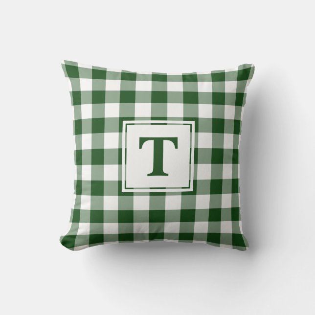 Green White Buffalo Check Pattern Custom Monogram Throw Pillow (Front)