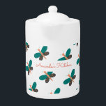 Green White Butterfly Dragonfly Pattern Elegant<br><div class="desc">Green White Elegant Butterfly Dragonfly pattern teapot. Use personalize this template option to change text. Use Edit tool to change text colour.</div>