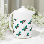 Green White Butterfly Dragonfly Pattern Elegant<br><div class="desc">Green White Elegant Butterfly Dragonfly pattern teapot. Use personalize this template option to change text. Use Edit tool to change text colour.</div>