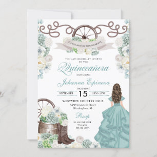 Green White Cacti Western Boots Charra Quinceañera Invitation