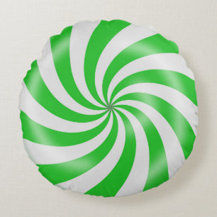 Green & White Candy Spiral Design Round Pillow