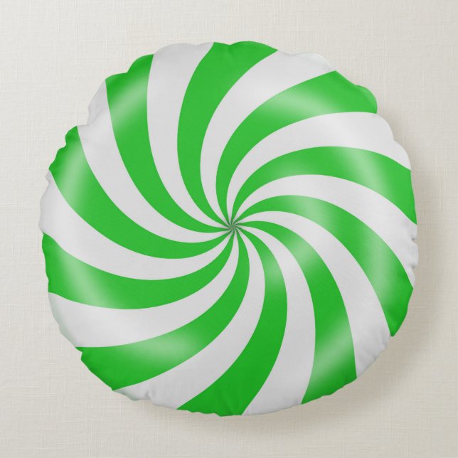 Green & White Candy Spiral Design Round Pillow (Front)