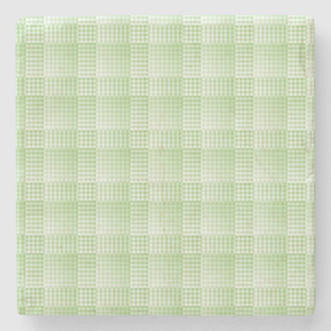 Green White Checker Abstract Pattern Stone Coaster (Front)