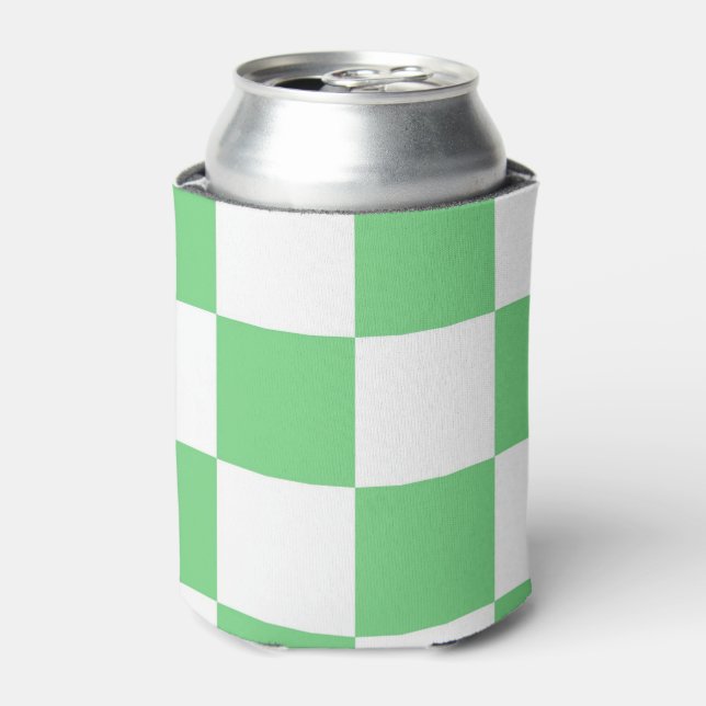 Green White Chequerboard Classic Retro Checks  Can Cooler (Can Front)
