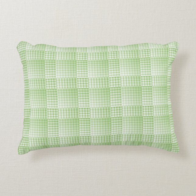 Green White Chequered Abstract Pattern Accent Pillow (Front)