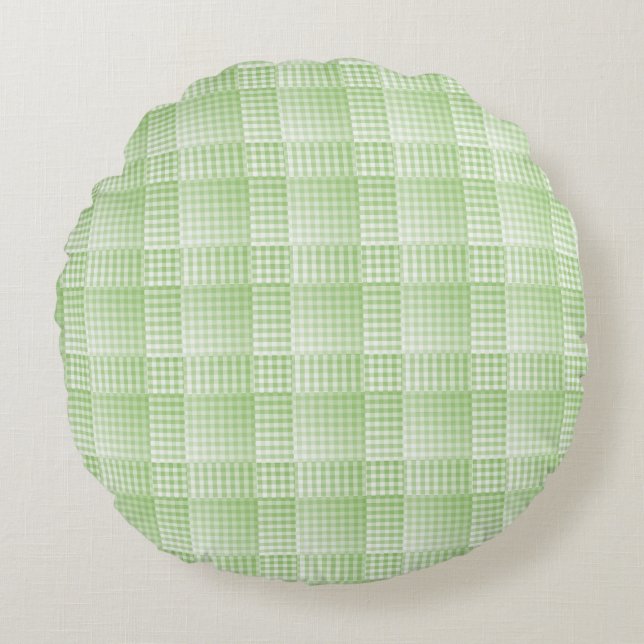 Green White Chequered Abstract Pattern Round Pillow (Front)