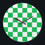 Green White Chequered Check Pattern Large Clock<br><div class="desc">Green and White Check Chequered Geometric Squares Pattern Design</div>