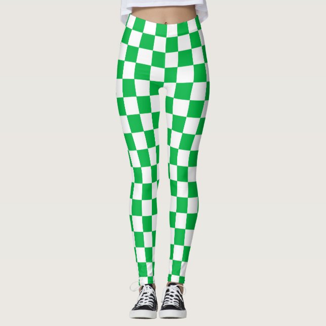 Green White Chequered Check Pattern Leggings (Front)