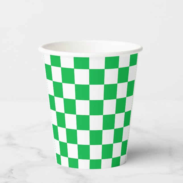 Green White Chequered Check Pattern Paper Cups (Front)