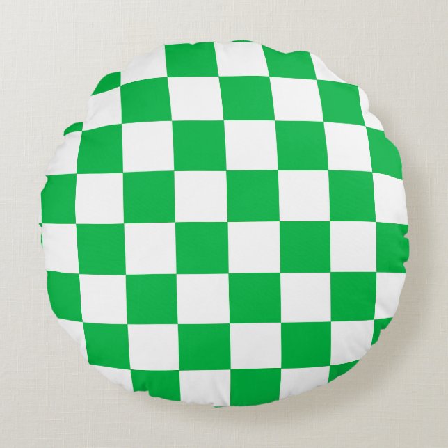 Green White Chequered Check Pattern Round Pillow (Front)