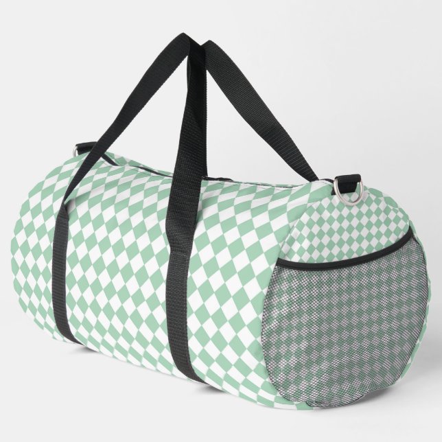 Green White Chequered Diamond Pattern Large Duffle Bag (Right Corner)