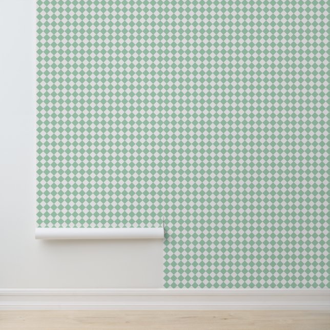 Green White Chequered Diamond Pattern Wallpaper (Application)