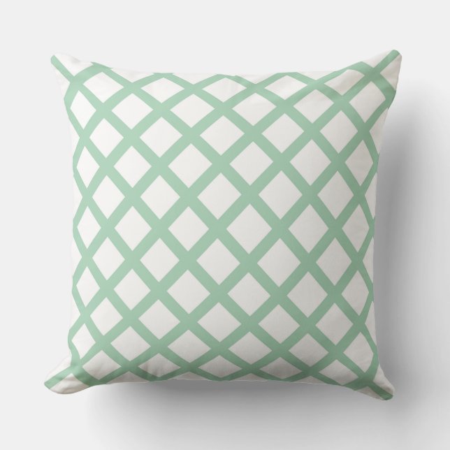 Green White Chequered Diamond Stripes Pattern Throw Pillow (Front)