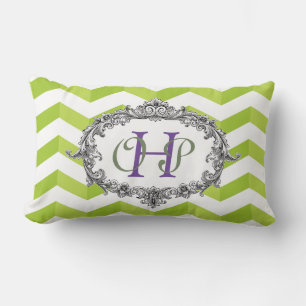 Green & White Chevrons and Oval Frame w/ Monogram Lumbar Pillow