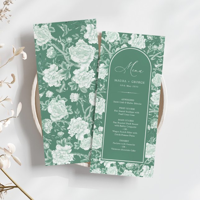 Green White Chinoiserie Floral Porcelain Menu Card (Creator Uploaded)