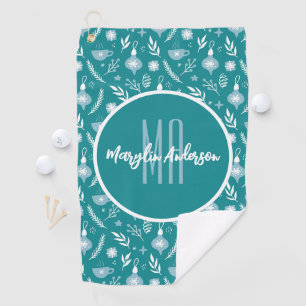GREEN & WHITE CHRISTMAS ORNAMENTS CUSTOM MONOGRAM GOLF TOWEL