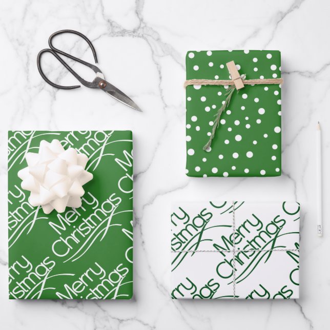 Green, white Christmas typography and dots holiday Wrapping Paper Sheet (Front)