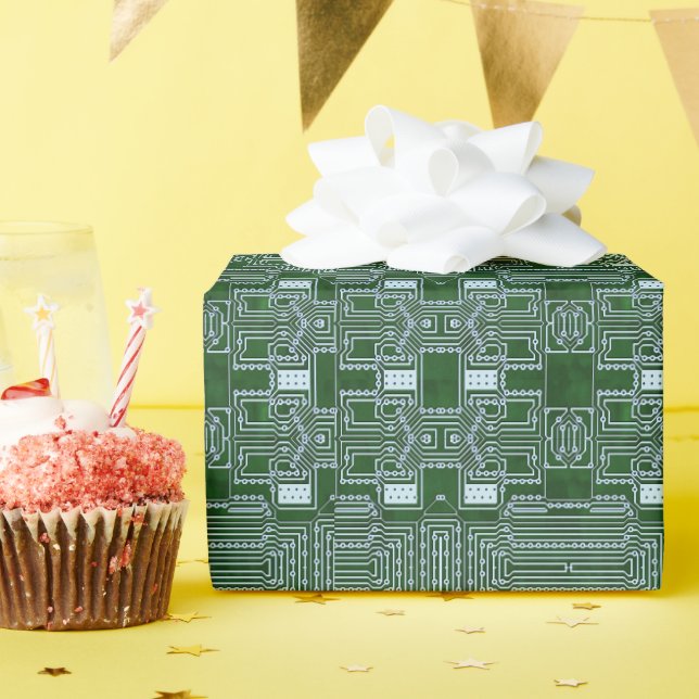 Green White Computer Circuit Board Lines Wrapping Paper (Birthday Party)