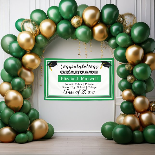 Green | White Congratulations Graduate Graduation Banner (Congratulations Graduate  Graduation Green, White and Black Grad Cap Party Banner)