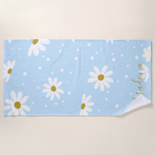 Green White Daisy Gold Personalized Beach Towel