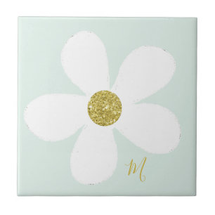 Green White Daisy Simple Floral Gold Personal Tile
