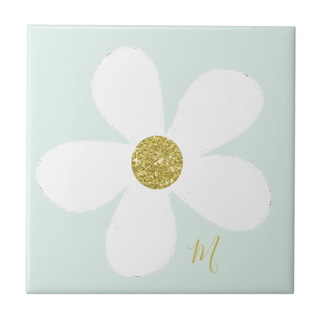 Green White  Daisy Simple Floral Gold Personal Tile (Front)