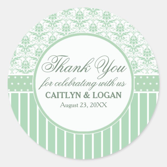Green White Damask and Stripes Wedding Favour Seal (Front)
