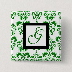 GREEN WHITE DAMASK BLACK SQUARE MONOGRAM 2 INCH SQUARE BUTTON