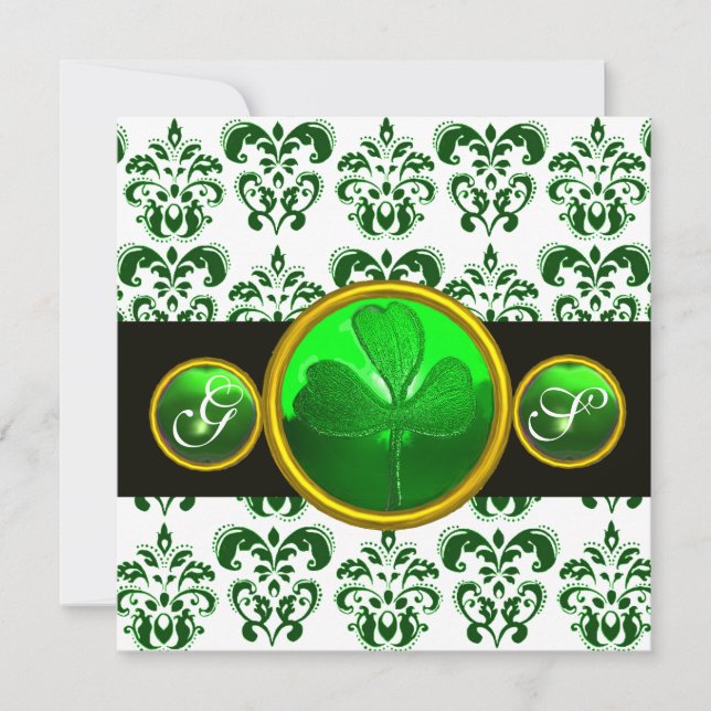 GREEN WHITE DAMASK ,SHAMROCK MONOGRAM St Patrick Invitation (Front)