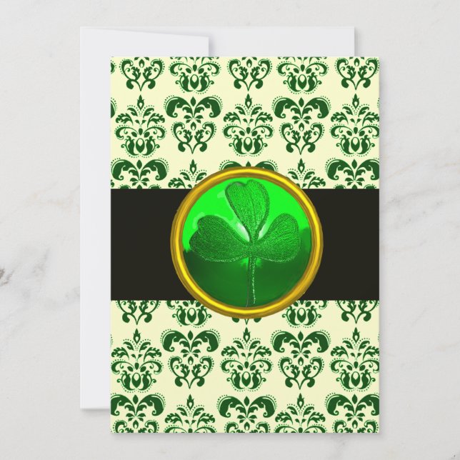GREEN WHITE DAMASK WITH SHAMROCK Black Gold Invitation (Front)