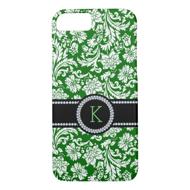 Green & White Damasks White Diamonds Accents Case-Mate iPhone Case (Back)