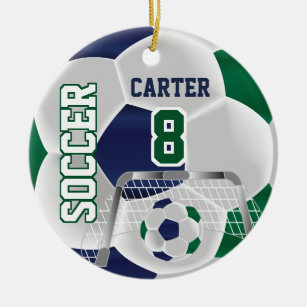 Green, White & Dark Blue Personalize Soccer  ⚽ Ceramic Ornament
