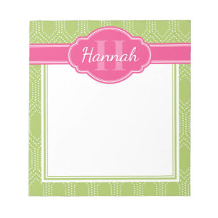 Green White Diamond Dot Pattern Pink Monogram Notepad