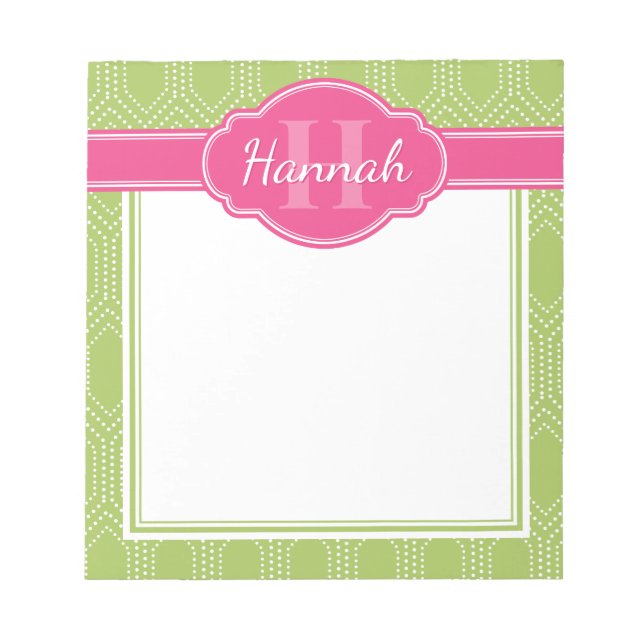 Green White Diamond Dot Pattern Pink Monogram Notepad (Front)