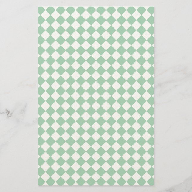 Green White Diamond Harlequin Checker Pattern Stationery (Front)
