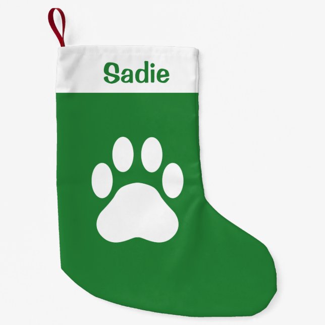 Green & White Dog Paw Silhouette With Custom Name Small Christmas Stocking (Front)