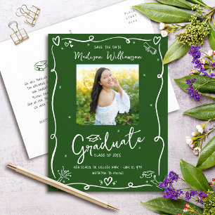  Green White Doodle Graduation Save the Date Photo Invitation Postcard