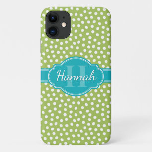 Green White Dotted Pattern Teal Monogram iPhone 11 Case