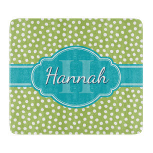 Green White Dotted Pattern Teal Monogram Cutting Board