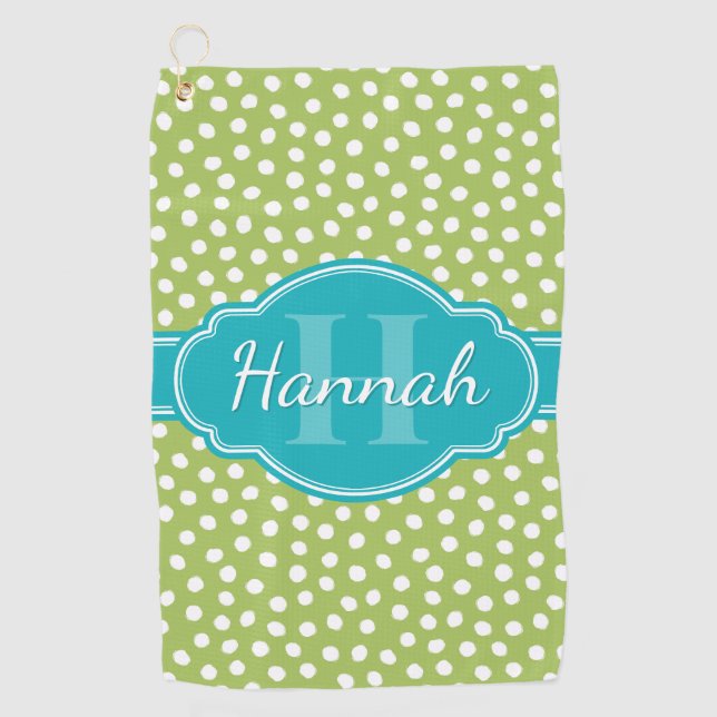 Green White Dotted Pattern Teal Monogram Golf Towel (Front)