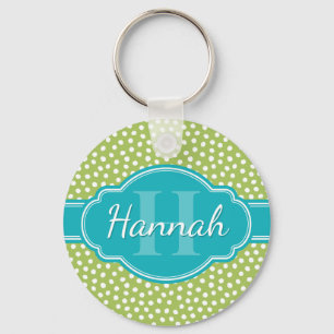 Green White Dotted Pattern Teal Monogram Keychain