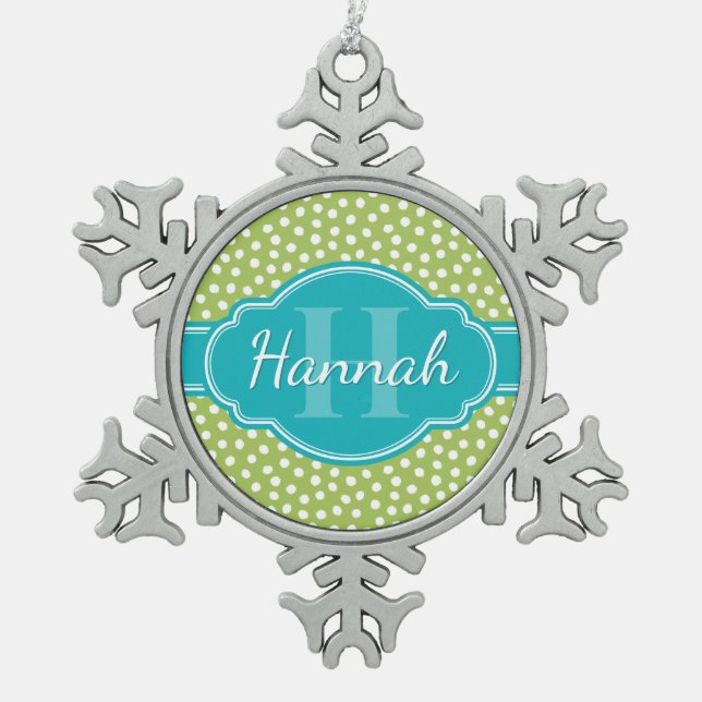 Green White Dotted Pattern Teal Monogram Snowflake Pewter Christmas Ornament (Front)