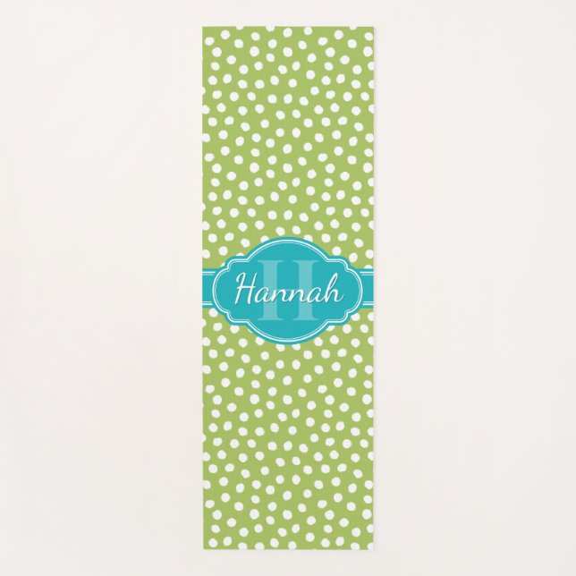 Green White Dotted Pattern Teal Monogram Yoga Mat (Front)