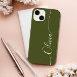Green White Elegant Calligraphy Script Name Case-Mate iPhone 14 Case<br><div class="desc">Green White Elegant Calligraphy Script Custom Personalized Name iPhone 14 Smart Phone Cases features a modern and trendy simple and stylish design with your personalized name in elegant hand written calligraphy script typography on a green background. Designed by ©Evco Studio www.zazzle.com/store/evcostudio</div>