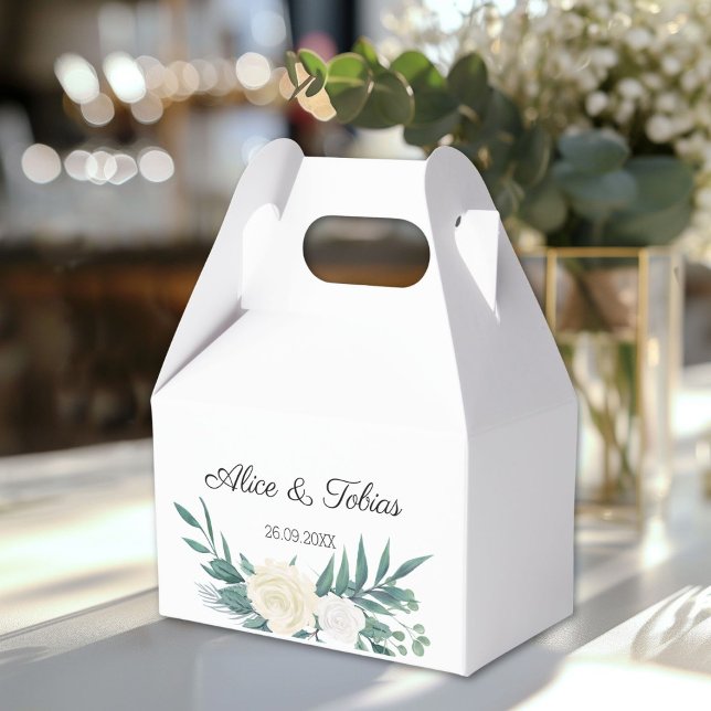 Green & White Elegant Floral Wedding  Favor Box (Elegant flowers Green White Favor Boxes with your names and date.)