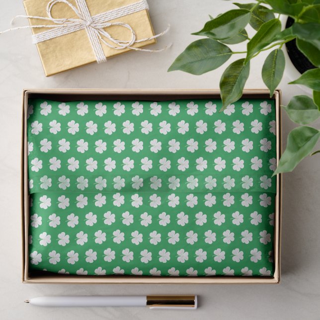 Green White Elegant Irish Shamrock Clover Pattern Tissue Paper (Gift)